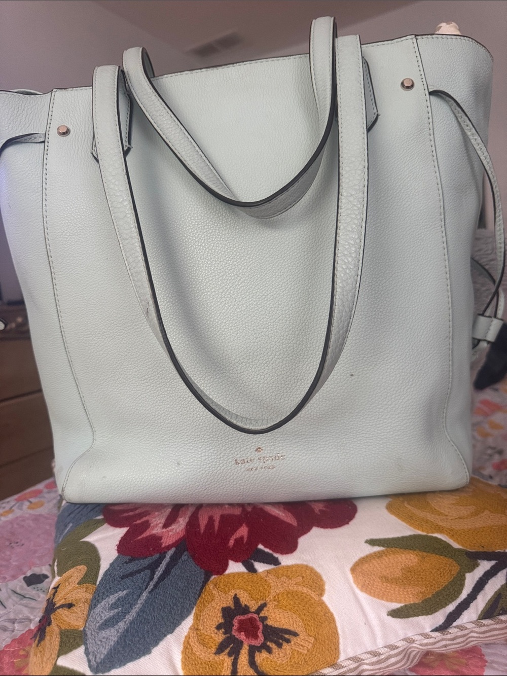 kate spade Light Mint Pebble Leather Tote with Gold Accents